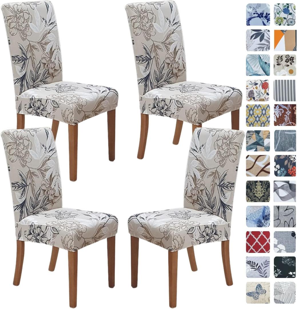 SPRINGRICO Chair Covers for Dining Room Set of 4, Stretch Dining Chair Cover, Washable Spandex Kitchen Parsons Chair Slipcovers, Removable Seat Protector for Home or Party (4 Pack, Floral Beige)