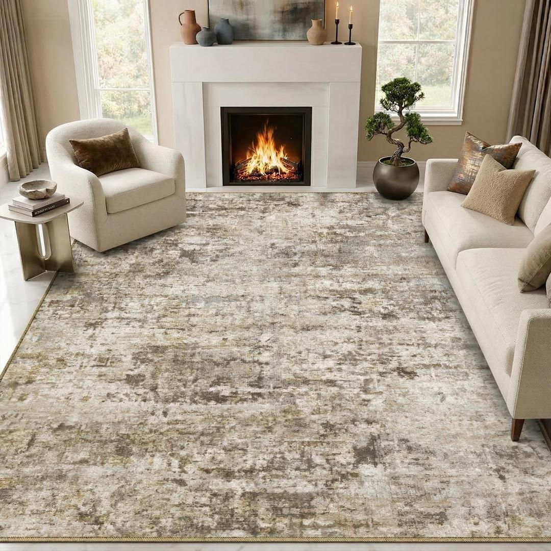 Area Rugs 8x10 Living Room Rug Washable No Slip Low Pile Soft Thickness Large Carpets Indoor Floor Covering for Bedroom Dining Modern Abstract Home Office Decor Brown