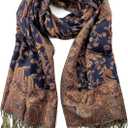 Plum Feathers Pashmina Scarf with Ethnic Tapestry Style Paisley Pattern - 67" x 28" Everyday Pashmina Travel Wrap and Shawl (Navy Orange Floral Paisley)

ASIN: B07QG63K