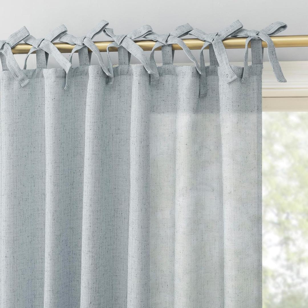 Sun Zero Roxy Generation Slub Texture Tacked Bow Semi-Sheer Tie Top Curtain Panel, 50" x 63", Faded Blue