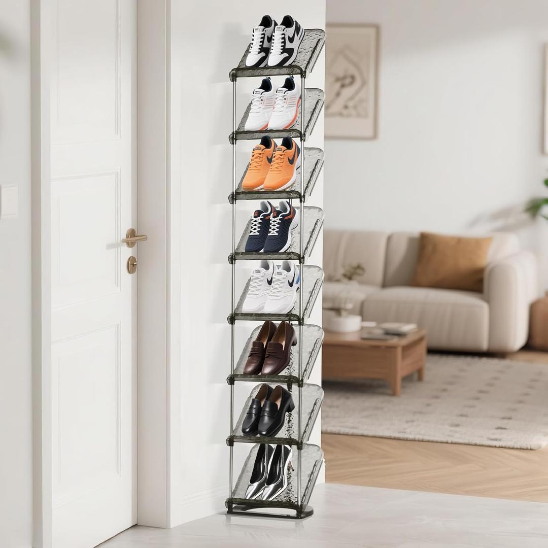 SMILHELTD Vertical Shoe Rack 8 Tiers Narrow Clear Sneaker Storage Holder Luxurious Slim Tall Organizer Space Saving Shelf for Entryway Garage 10.4" W x 64.5" H x 9.8" D (Transparent)