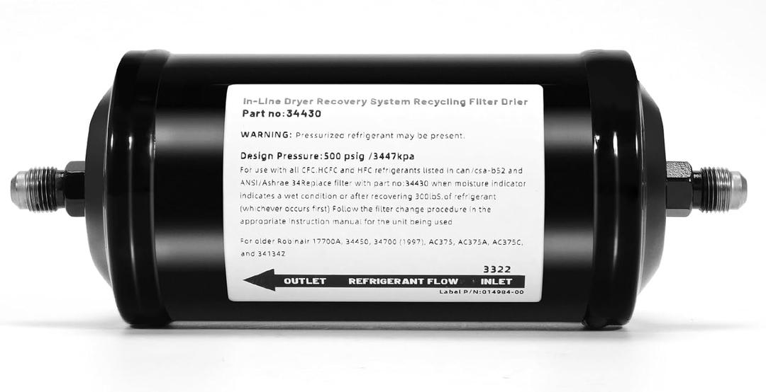 34430 A/C Recycling Filter, Fit for Robinair 17700A, 34450, 34700 (1997), AC375, AC375A, AC375C, 34134Z Refrigerant Recovery, Recycle, Recharge Stations #Replace AC Recycling Filter Drier