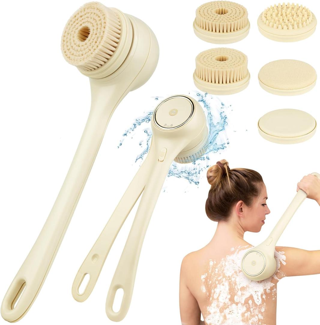Electric Body Brush Back Scrubber for Shower, Auto Spinning Exfoliating Massage Bath Brush Rechargeable, Dual Long Handle, Deep Cleansing, Waterproof, Rotating Body Brushes with 5 Brush Heads (Beige)