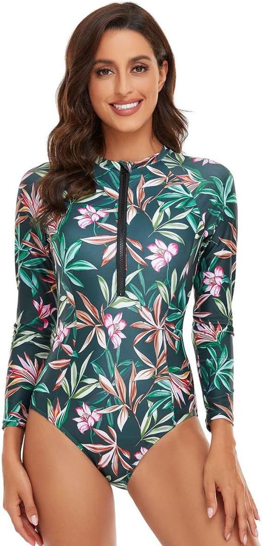 ABAFIP Women's Long Sleeve Rash Guard Bathing Suit Zip up One Piece Swimsuits Modest Surfing Swimwear,L