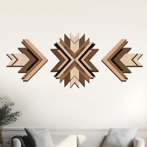 Wenqik 3 Pcs Southwest Wall Decor Aztec Wall Art Wood Art Farmhouse Rustic Bedroom Boho Tribal Modern Geometric Vintage Living Room(Brown)