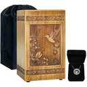 Wooden Urn for Ashes Adult Male Female, Handcrafted Large Cremation Urns Box for Human Ashes Adult Man Woman, Memorial Decorative Funeral Urn with Hummingbird Carvings, with Velvet Bag & Necklace
