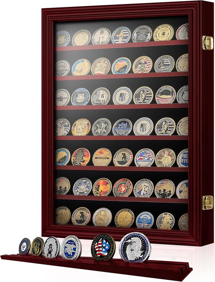 ASmileIndeep 7 Rows Military Challenge Coin Holder Display Cabinet Wall Mount with HD Tempered Glass, Holds 100 Coins, Wooden Medal Display Case Shadow Box with Removable Shelves, Mahogany