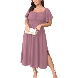 Women Plus Size Dress Wedding Guest Formal Ruffle Short Sleeve Square Neck Smocked Flowy A Line Slit Maxi Dresses (Dusty Pink), Size: XX-Large Plus
