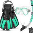 Snorkeling Gear for Adults, 4 in 1 Adult Snorkel Set with Panoramic View Snorkel Mask, Dry Top Snorkel, Adjustable Short Fins and Travel Bag, Snorkel Set with Fins for Snorkeling Diving (Turquoise Blue/Transparent) (S/M)