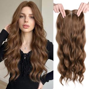 Hair Toppers for Women Thinning Hairs 24 Inch Long Layered Topper Curly Synthetic Wiglets Pieces Lace Hand-Tied Hairline Synthetic Heat Resistant Clip on Hair Topper for Women Copper Brown