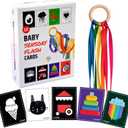 High Contrast Baby Flash Cards, Sensory Visual Stimulation for Newborns 0 12 Months, Black and White to Color, Tummy Time Learning with Bonus Ribbon Toy (30 Large Double Sided, 60 Images)