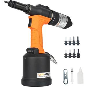 Heavy Duty Air Hydraulic Rivet Nut Tool with reversible button, HPS6312F Pneumatic Riveter Automatic Rivet Nut Gun Tool Setting Kit Come with 8 Size Metric and SAE Nose-Piece Assembly
