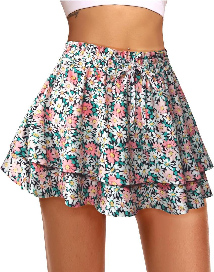 Kimmery Women's Boho Ruffle Skirt Floral Tiered Mini Skirts with Shorts Underneath (L)