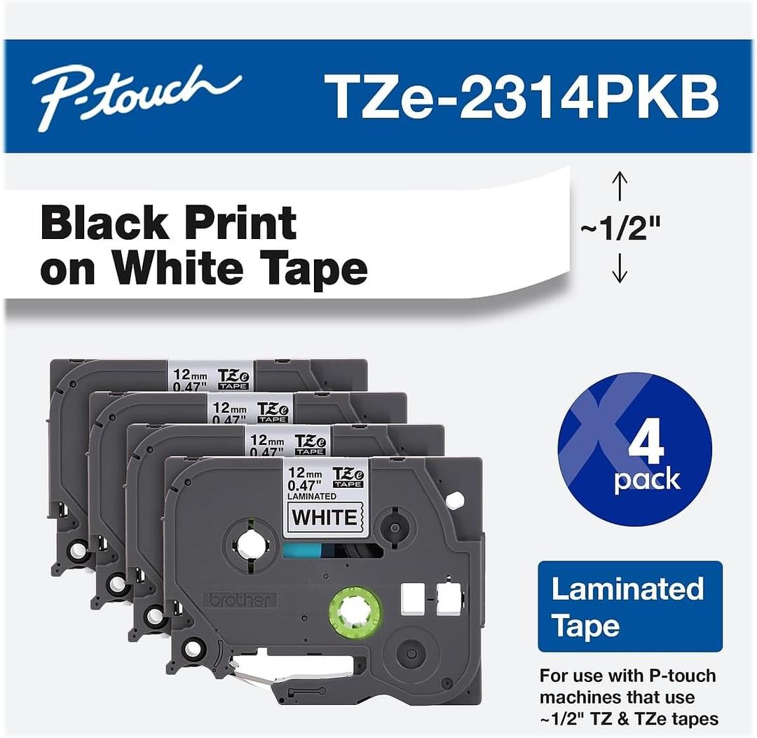 Brother Genuine P-Touch TZe-231 4-Pack Tape (TZE2314PKB) ½” (0.47” or 12mm) x 26.2 ft. (8m) Laminated Black on White, (for use with PT-D210, PT-H110, PT-D220, PT-D410, PT-D600 Label Makers)