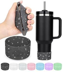 2PCS Hydroflask & Stanley Silicone Cup Accessories, 12-24oz & 20-40oz Glitter Bottom Protection, Black