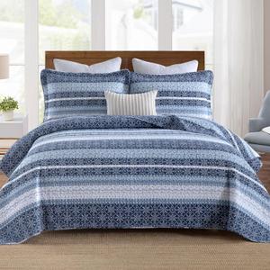 Homzard Quilts Queen Size,Blue White Snowflake Striped Quilt Bedspread Set,Cotton Boho Blue Comforter Set, Lightweight Comforter Queen Size (90 * 98 inches) and 2 Pillow Shams