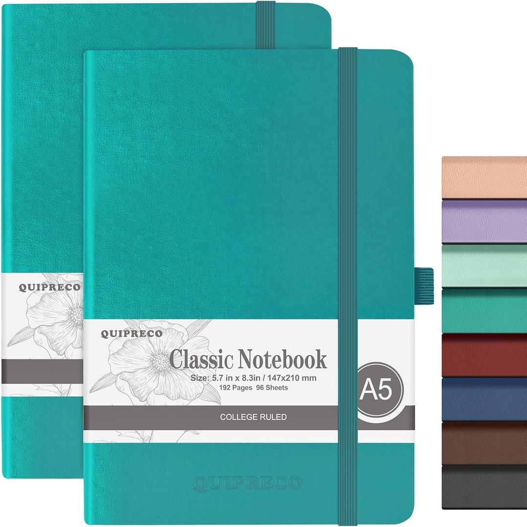 2Pack Hardcover Lined Journal Notebook, A5 192 Pages 100Gsm Paper College ruled for School,Work,Travel,and Daily Planning，5.7''*8.3'',Turquoise