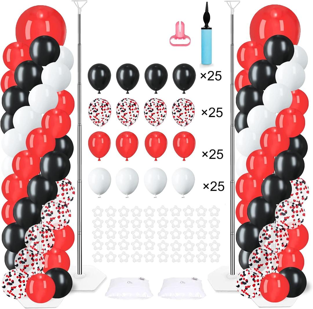 2 Sets Balloon Column Stand Kit with 100 Balloons Adjustable Balloon Tower Stand with Bases for Floor Blue Gold Balloon Arch Column for Birthday Wedding Anniversary Graduation Party (Black Red)