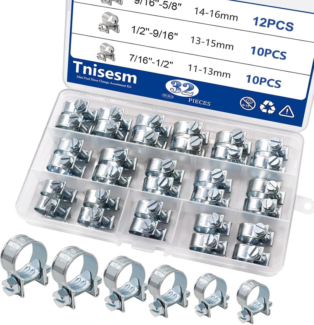Tnisesm 32Pcs 1/4inch 5/16inch 3/8inch Fuel Injection Gas Line Hose Clamps Clip Pipe Clamp Assortment Kit, Hoses Clamps Sleeving,For Automotive Diesel Petrol Pipe