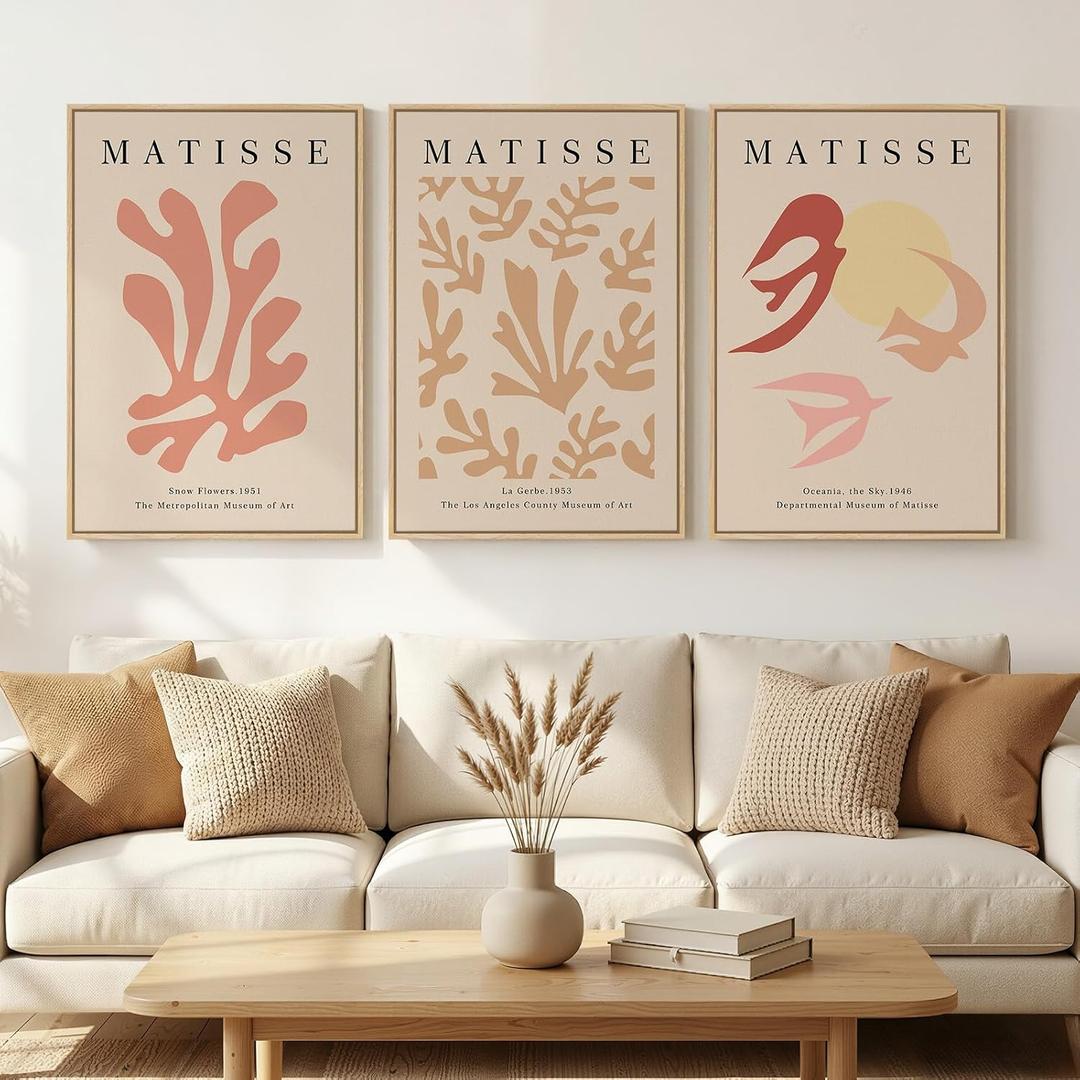 Large Framed Pink Matisse Botanical Floral Canvas Wall Art, Set of 3, 20"W x 30" H x 3Pcs