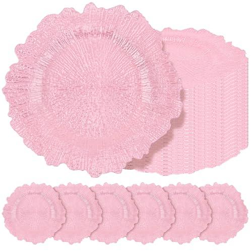 Teruntrue 24 Pcs Pink Charger Plates Bulk 13 Inch Plastic Charger Plates for Dinner Plate, Pink Chargers for Table Setting, Reef Design Plate Floral Decorative Round Chargers for Wedding Party Event