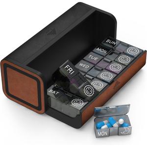 Pill Organizer Weekly, 2 Times a Day for 7-Day Leather Medicine Box Travel Container Vitamin Am Pm Pill Case, Twice Daily Privacy Pill Holder, Modern and Portable Pillbox (Black and Brown)