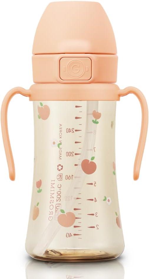 GROSMIMI Flip Top Spill Proof Sippy Cup, PPSU, BPA Free, 10 oz, Stage 2 Straw for Toddlers (Peach flower)