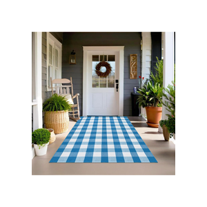 Buffalo Plaid Outdoor Rugs, 4'x6' Blue and White Checkered Indoor Outdoor Area Rug, Layering Rug for Welcome Door Mat, Washable Cotton Woven Farmhouse Mat for Spring Easter Front Porch Décor