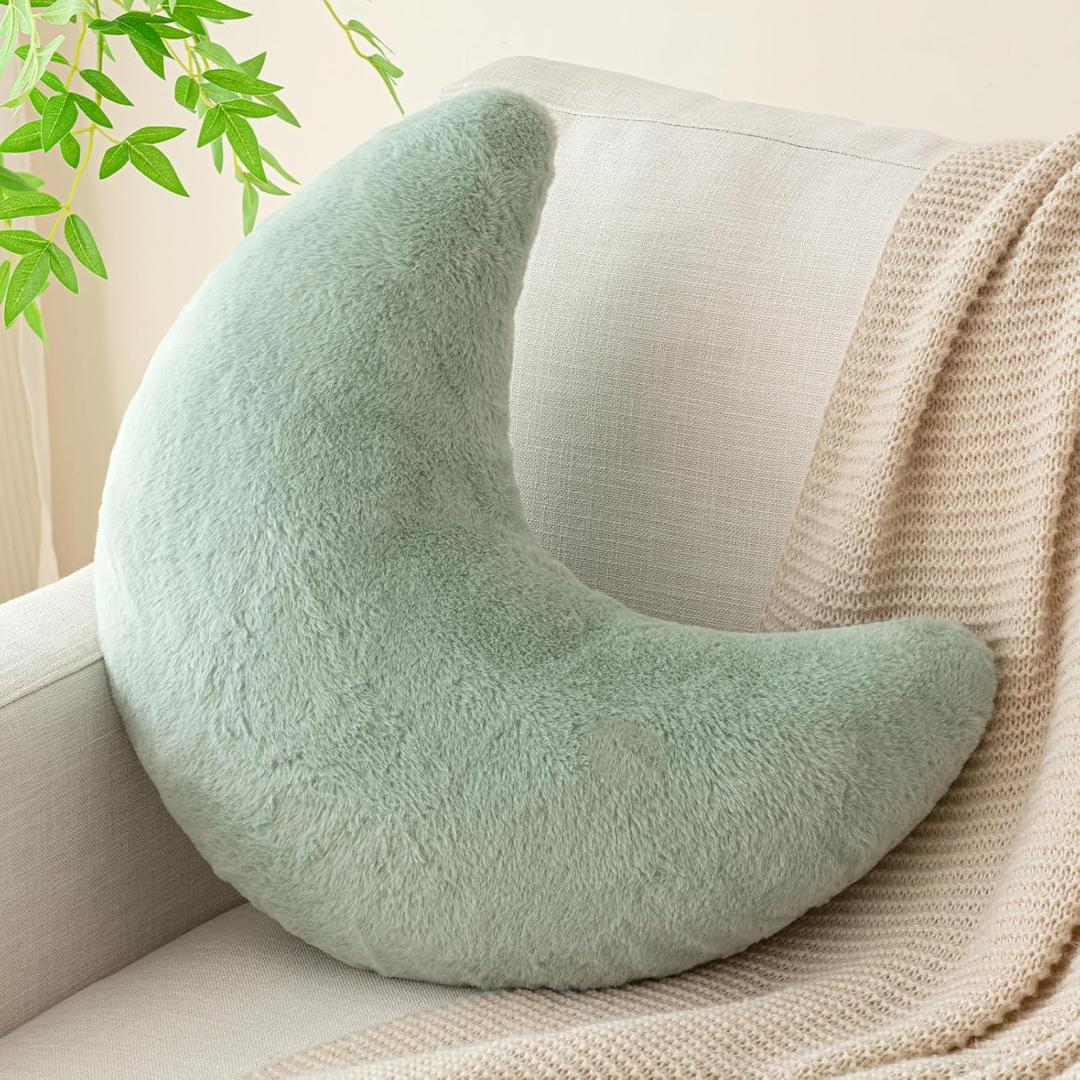 Moon Pillow, Decorative Throw Pillows with Soft Faux Rabbit for Bed Couch, Moon Shaped Pillows Plush Floor Cushions Room Decor Pillow for Sofa Bedroom Living Room (15 Inches, Sage Green)
