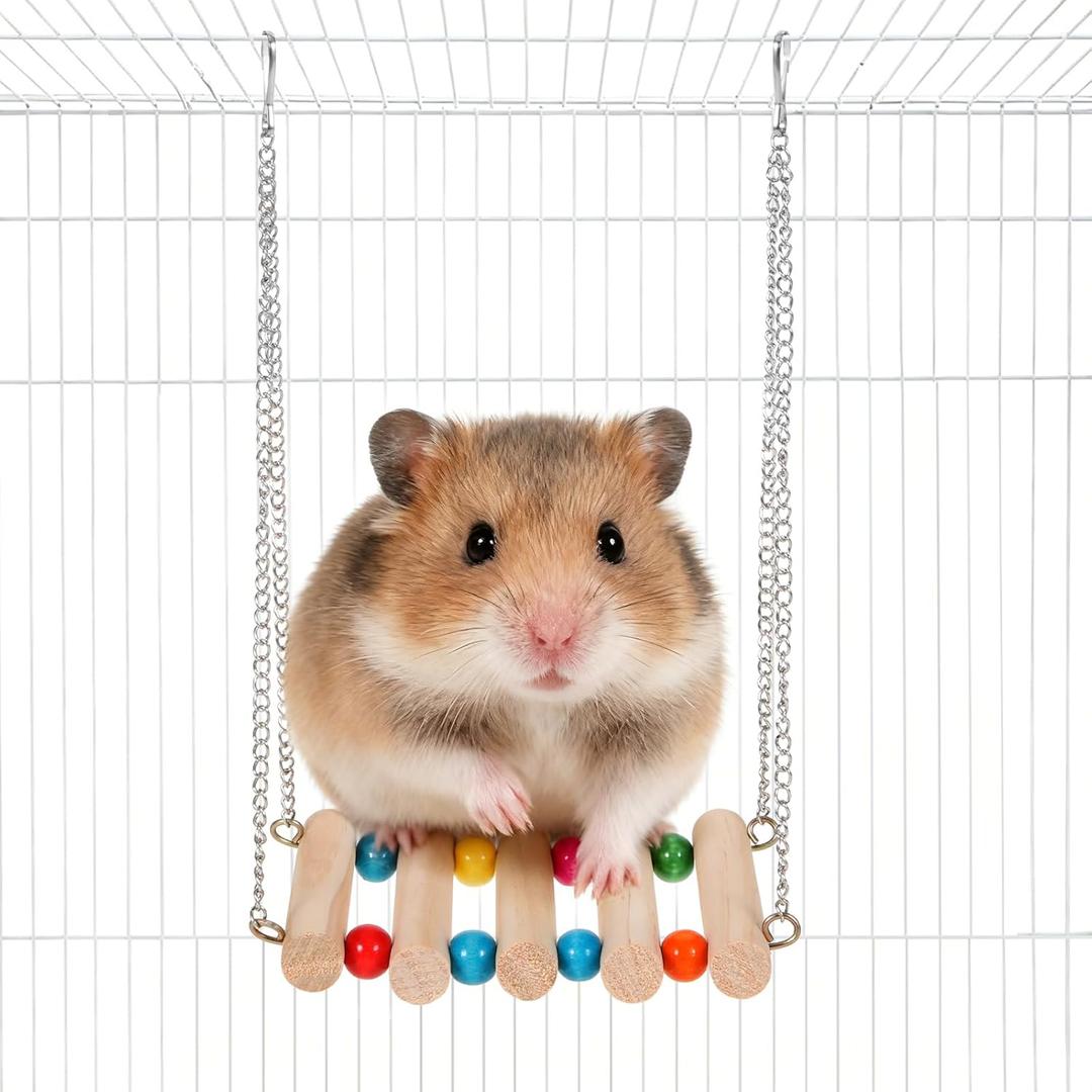 Natural Wood Chinchilla Hammock with Metal Hooks - Indoor Chinchilla Habitat Cage Swing, Smooth Surface Cozy Bed, Small Pet Enrichment Toy Cage Accessories for Mental & Physical Stimulation