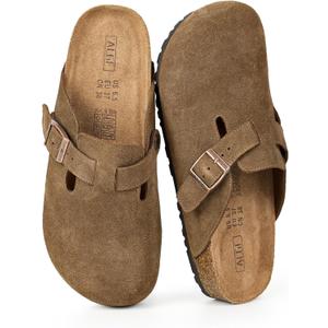 Womens Genuine Suede Clogs for Women Slip-On Buckle Slides Women's Mules & Clogs Natural Rubber Cork Footbed Sandals Potato Shoes with Arch Support (8, Coffee)