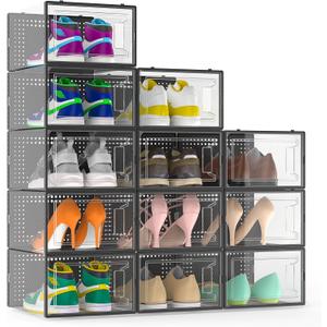 12 Pack X Large Shoe Storage Organizer for Closet, Modular Space Saving Shoe Boxes Clear Plastic Stackable Containers Display Case Bins with Lids, Black