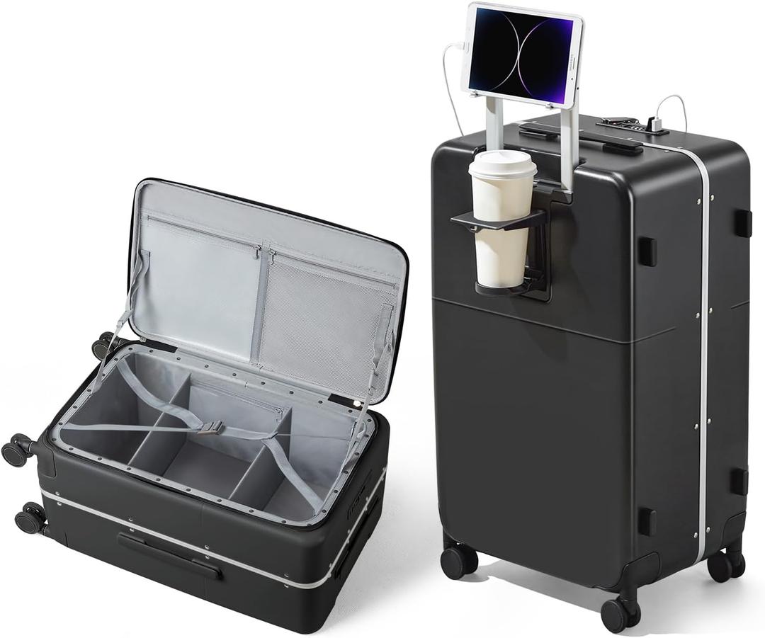 Hanke Luggage 28 Inch Large Suitcases with Wheels,Top Opening Checked Luggage Hard Case Travel Luggage with TSA Lock and Cup Holder,Jet Black (Checked-Large 28-Inch)
