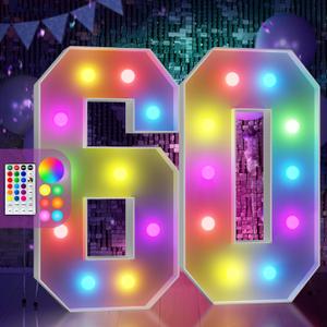 Marquee Numbers Colorful 60 Th Birthday Decoration: 4FT Large Light Up 60 Year Old Birthday Decorations Anniversary Backdrop Cardboard Sign 18 Colors Number 60 Mosaic Balloon Frame