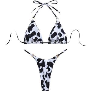 WDIRARA Women's 2 Pieces Cow Print Bikini Set Halter Swimsuit High Cut Bathing Suit (XS, Black and White)