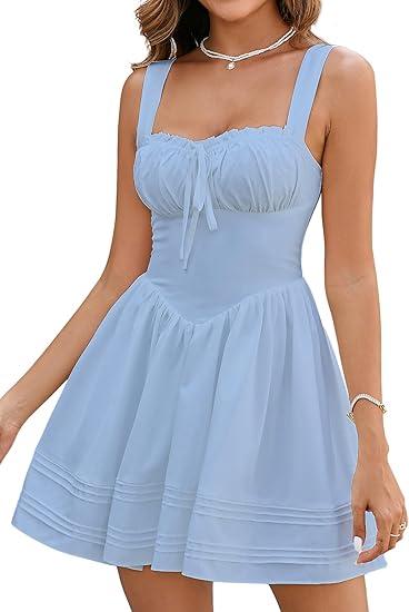 HTZMO Women Summer Casual Square Neck Mini Sundress Corset A Line Flowy Swing Cute Graduation Party Short Dress Size S