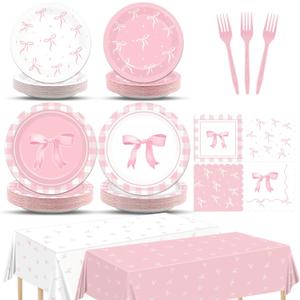 98pcs Pink Bow Party Supplies Bow Birthday Party Plates and Napkin Tablecloth Pink Bow Party Decoration for Girl Bachelorette Bridal Engagement Baby Shower Coquette Cute Tableware Table Cover Serve 24