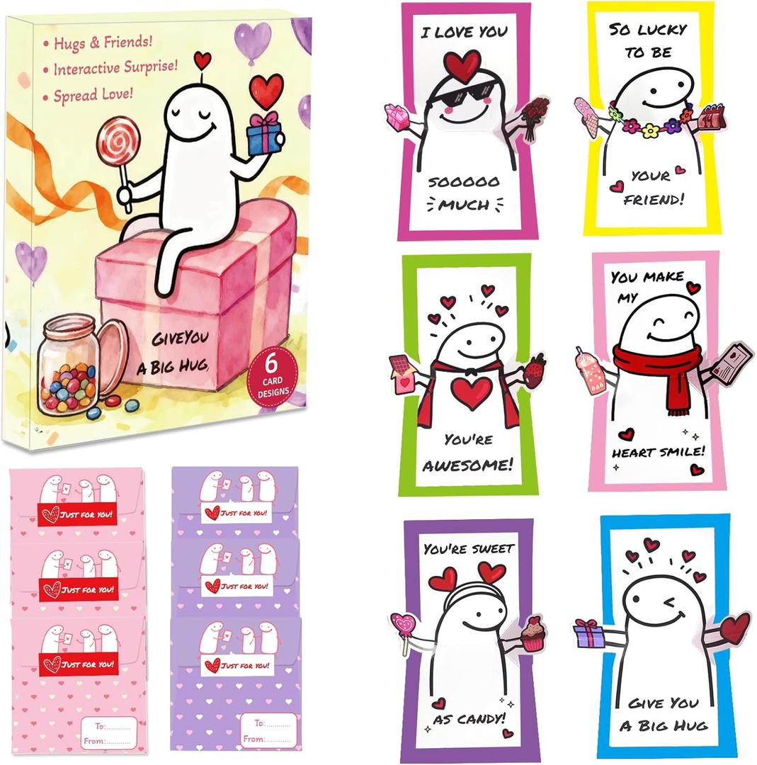 3 x Valentine Cards for Kids Classroom - 6 Pack Pop-Up Valentine's Day Cards with Envelopes & Stickers, Fun Valentine's Day Gifts for Kids, Boys, Girls, Teenagers for School Exchange