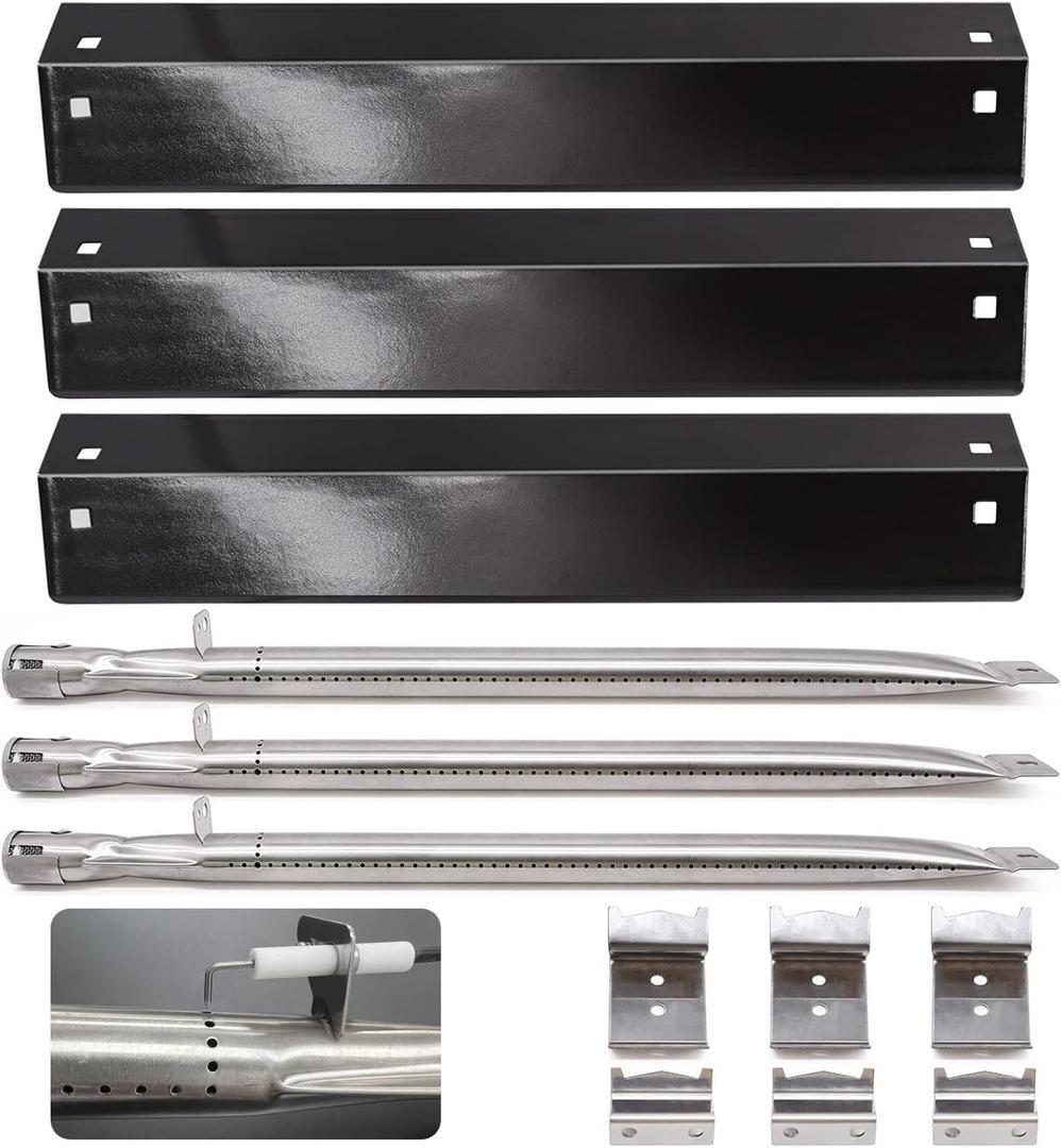 Grill Parts for Chargriller 5050, 3001, 3008, 3030, 4000, 5252, 5650,Heat Plate Replacement Parts for King Griller Shield Tent Deflector (black-3pcs with Burner Tubes, Ignitor, Hanger Brackets)