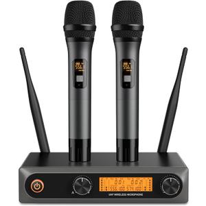 Wireless Microphone System, Metal Dual UHF Cordless Mics Handheld Microphone, Professional Wireless Mic Set for Karaoke, Party, Church, Wedding, DJ, Home KTV Set, 200ft