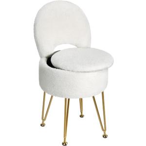 GREENSTELL Small Vanity Stool Chair with Storage and Folding Back, 13" x 13" x 17.7" Faux Fur Soft Ottoman for Teenager, 4 Metal Legs with Anti-Slip Feet, Furry Padded Seat for Makeup, Bedroom, White