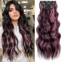 KooKaStyle Clip in Hair Extensions 4PCS Long Wavy Natural & Soft Hairpieces for Women 24 Inch for Women(Natural Black Pink)