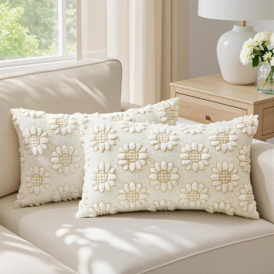 EMEMA Cream Floral Tufted Throw Pillow Covers, Set of 2 Soft Textured Decorative 12x20 Cushion Cases Bringing a Light, Cozy Layer to Sofa, Couch, Bedroom or Modern Farmhouse Living Room Décor