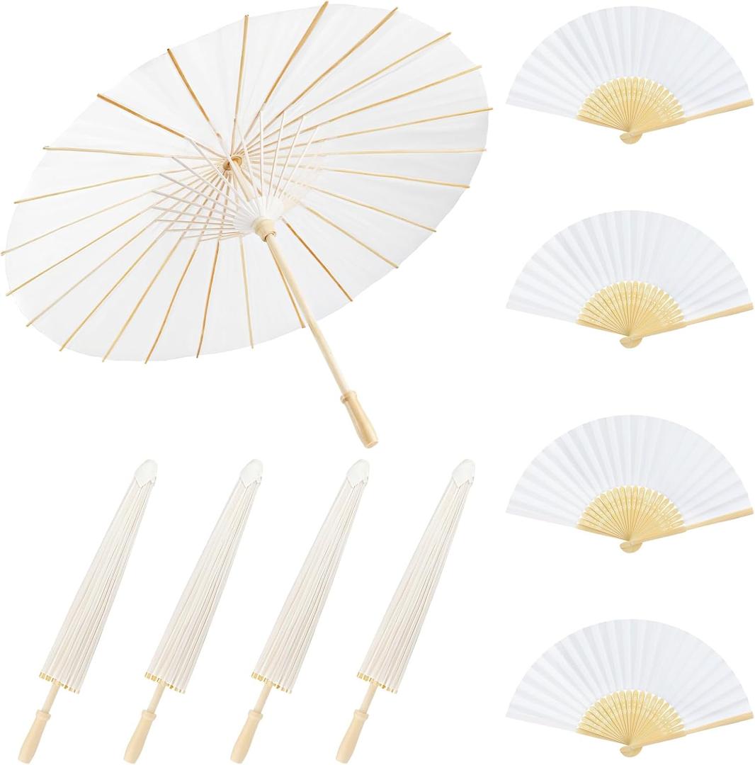 MOTOTO 4 Pack 33 Inch White Paper Umbrellas & 4 Pack 8 Inch Foldable Handheld Fans, Oiled Chinese Japanese White Parasols Umbrellas Paper Fans for DIY Painting, Wedding, Bridal Party, Ceiling Decor