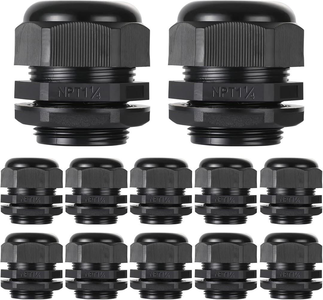 PENGLIN Cable Glands 1-1/4" NPT Nylon Cable Connector, Strain Relief Cord Connector, IP68 Waterproof Adjustable Locknut(1-1/4 Inch (12-Pack)) (Black)