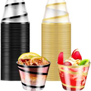 Dualshine 100 PCS Black and Gold Rimmed Swirl Clear Plastic Cups, 9 oz Disposable Plastic Wine Glasses, Heavy Duty Cocktail Glasses Cups for Party, Wedding,Birthday(50 Gold, 50 Black)