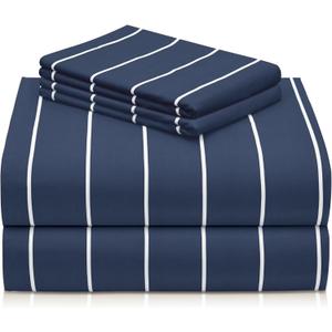 LuxClub 4 PC Queen Size Sheets Set, Breathable Luxury Bed Sheet, Deep Pockets 18" Wrinkle Free Cooling Machine Washable Hotel Bedding (Striped Navy)