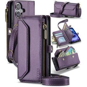 for iPhone 17 Wallet Case with Zipper Card Holder & Crossbody Lanyard Strap & Wrist Strap, RFID Blocking PU Leather Magnetic Flip Handbag Purse Case for iPhone 17 -Purple