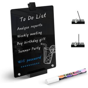Acrylic Black Dry Erase Board with Stand - 12 x 8 Small Desktop Whiteboard with Marker, Reusable Desk Blackboard, to-Do List, Planner, Memo Clipboard, Menu Board for Office, Home, Bar