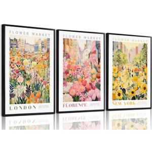 XLARTMY Flower Market Wall Art Print Canvas Yellow Pink Floral Paintings Colorful Botanical Sunflower Artwork Travel Poster for Decor Picture 3 pieces for Living Room Bedroom Bathroom 12x16in Unframed